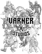 Black and white line art illustration featuring a group of fantasy and sci-fi characters surrounding the text 'VARNER X STUDIOS EST. 1979' on a plain white background.