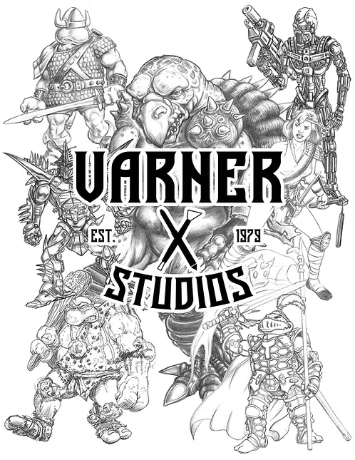 Black and white line art illustration featuring a group of fantasy and sci-fi characters surrounding the text 'VARNER X STUDIOS EST. 1979' on a plain white background.