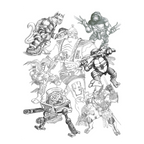 Black and white pencil sketch illustration of various Teenage Mutant Ninja Turtles characters and robots, featuring Leonardo, Raphael, Michelangelo, and Donnie in action poses with weapons.