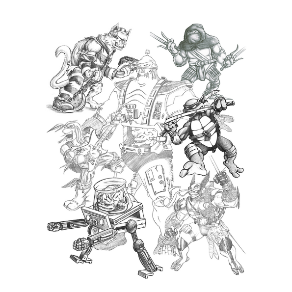 Black and white pencil sketch illustration of various Teenage Mutant Ninja Turtles characters and robots, featuring Leonardo, Raphael, Michelangelo, and Donnie in action poses with weapons.